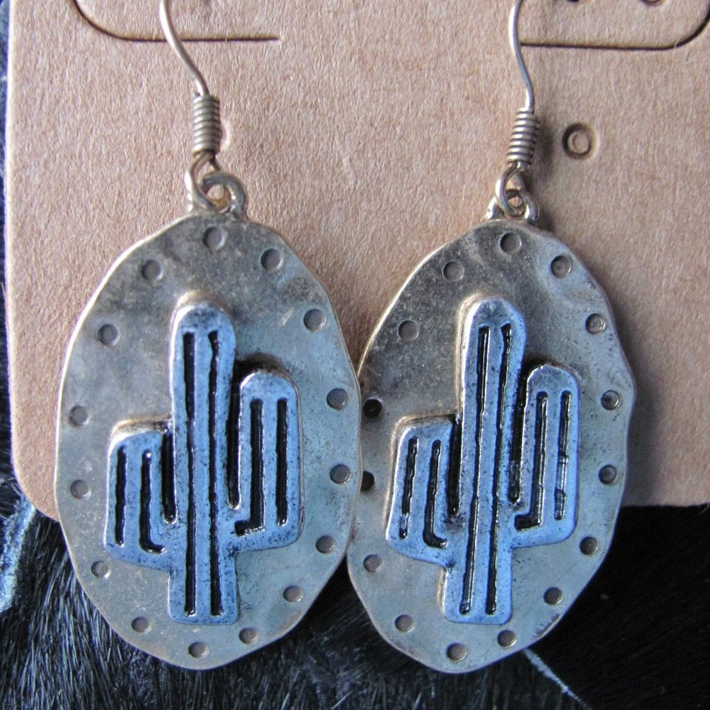 LUCKY YOU CACTUS SILVERTONE   OR BRONZE EARRINGS